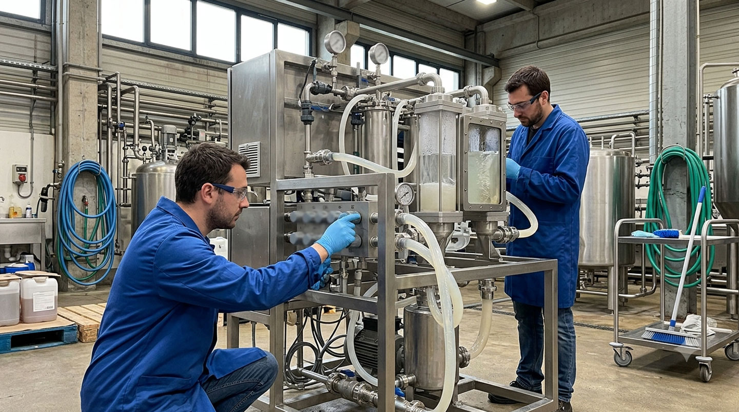 Système de filtration tangentielle en acier inoxydable avec membranes transparentes et jauges de pression, utilisé pour purifier le collagène marin sans altérer sa structure moléculaire
