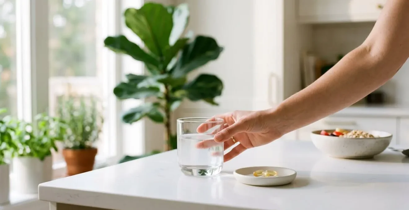 Main attrapant un verre d'eau transparent posé sur un comptoir blanc minimaliste, à côté de gélules de collagène marin sur une petite soucoupe en céramique blanche, lumière matinale douce